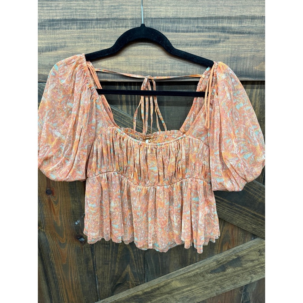 Free People Mesh Babydoll Puff Sleeve Blouse SMALL